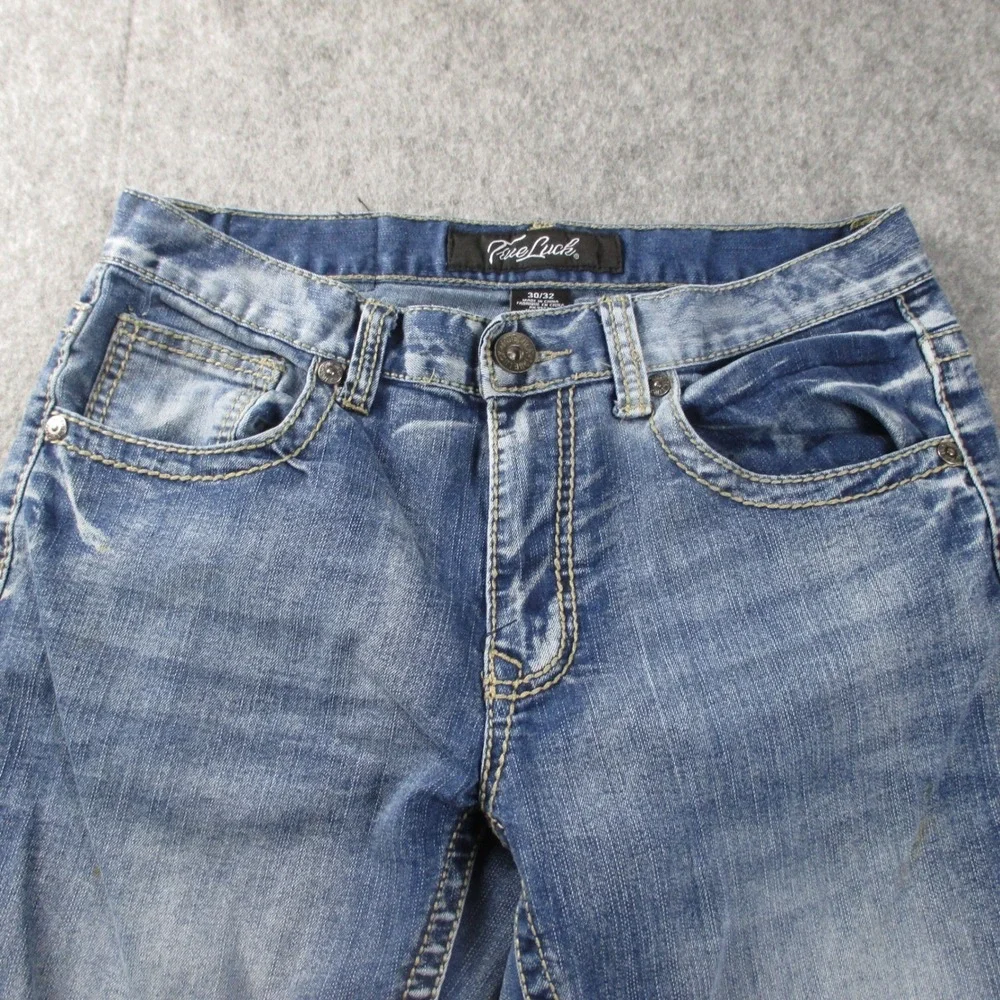 True Luck Jeans Mens‎ 30x29 Straight Leg Medium Wash Whiskered Denim Jeans Blue